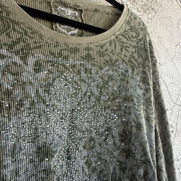 Vintage Y2K Embellished Thermal Long Sleeve Womens L Rhinestone Waffle Knit‎ Top - Picture 4 of 5
